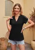 Blouses pour femmes Blusas femmes solide col en V chemises en mousseline de soie élégante dentelle manches courtes Blouse Sexy dame décontracté hauts froissés