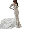 2023 Bohemian Full Lace Mermaid Abiti da sposa Champagne Chapel Train Maniche lunghe Collo alto Boho Beach Abiti da sposa Estate Vestido De Novia