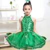 Bühnenkleidung Bling Girl Latin Dancewear Kinder Schleier Kleider Studenten Grüne Tutus Pailletten Führen Sie Kostüme mit Geschenkblumen durch
