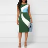 Casual Jurken Sexy Geometrische Splice Contrast Kleur Bodycon Jurk Voor Vrouwen O-hals Mouwloze Boog Kantoor Werk Vestido Zomer Vrouwelijke Kleding