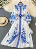 Robes décontractées 2023 printemps mode robe porcelaine fleur imprimer pour femmes vêtements poitrine ceinture Vintage à manches longues