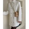 Casual Kleider Clothland Frauen Elegantes Tweed Kleid Weiß Schwarz Zweireiher Langarm Twill Vintage Mini Jacke Mantel QB745