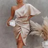 Casual Dresses Sexy Party Silk Robe Satin Dress For Women Short Sleeve One Shoulder High Split Ruched Evening 2023 Autumn Y2K