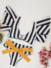 Women's Swimwear Fashion Stripe V Neck Sexy Deep Bikini Two Piece Set Beach Style High Waist Backless Swimsuit 2023