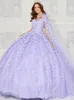 Lila Lavendel Tüll Blumen Prinzessin Quinceanera Kleider mit Cape Schulterfrei Schmetterlingskorsett Ballkleid 15 Jahre alt