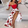 Two Piece Dres Summer Skirt Sets Outfits Floral Print Elegant Sexy Off Shoulder Crop Tops Split Long Maxi Skirts Pieces Suits 230629