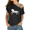 Vrouwen T Shirts 2023 Mode Wildflower Paard Print Vrouwen T-shirt Dames Casual T-shirt Zomer Onregelmatige Skew Cross Bandage tops