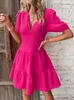 Casual Dresses Elegant Midi For Women Summer V Neck Puff Sleeve Ruffle Beach Dress Fashion Red Simple A-line In 2023