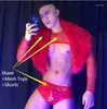 Scene Wear Bar Party Festival Rave Gogo Costume Muscle Manlig Kvinnlig klubb nattklubb Show Performance Clothes Red Fur Short