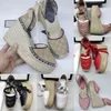 Kobiety skórzane platforma klinowa espadrille buty skórzana cielę płótno obcasy obcasy designerskie buty grozgrain sznur sandał