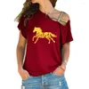 Vrouwen T Shirts 2023 Mode Wildflower Paard Print Vrouwen T-shirt Dames Casual T-shirt Zomer Onregelmatige Skew Cross Bandage tops