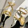 Metallic Gold Stiletto Sandals Classic Triangle Buckle Decorative Crystal Concrusted High Heels 9cm Luxury Designer Crystal Dress Shoes Party Evening Shoes Shoes