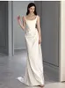 Abiti casual Elegante abito da trascinamento in raso bianco senza maniche da donna a vita alta matrimonio semplice festa vintage stile francese sottile femminile