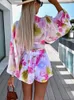 Women's Tracksuits Women Boho Summer Floral Print V Neck Chiffon Tops Shorts 2 Pieces Sets Ladies Lantern Sleeve Suits Holiday Beach