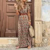 Casual Dresses Summer Boho Long Dress Women Paisley Print V Neck Belted Maxi Female Floral High Slit Robe Party Beach