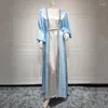 Ropa étnica Vestido de satén Musulmán 2 piezas Abaya para mujeres Frente abierto con cinturón Diamantes Lentejuelas Ramadán interior Marroquí Dubai Turquía Islam