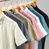 Herren-Freizeithemden, Herren, Leinen, Sommer, atmungsaktiv, kurzärmelig, Umlegekragen, Strand-Stil, einfarbig, Retro-Tops, Chemise