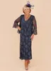 Mother's Dresses Modest Tea Length Mother of the Bride Dresses Navy Blue Lace Beaded Long Evening Party Gowns Plus Size Formal Wedding