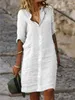 Casual Dresses Women's Summer Loose Lapel Button Half Sleeve Solid Color Cotton and Linen Shirt Dress Vintage Cardigan Kne Length