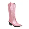 Stivali 2023 Mbroider Western Cowboy per le donne Tacchi alti Ladies Cowgirl Wide Mid Calf Nero Rosa Bota Feminina