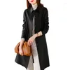 Women's Leather Trench Spring Autumn Wine Red Sheepskin Mid-Length Coat OL Jacket Lapel Collar Overcoat