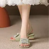 Sandaler Half Slipper For Women Square Rhinestones Mules Korean Fashion Peep Toe Women's Thick Heel Zapatos Mujer