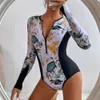 Simkläder 2023 Surfing Sport Swimsuit Long Seves Women One Piece Swimsuit Swimwear Solid Monokini Bathing Suit Tropical Bodysuit FA HKD230628