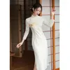 Abbigliamento etnico Pizzo beige Cheongsam nazionale cinese Ricamo estivo Elegante abito vintage Donna Manica lunga Moda Qipao