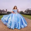 Himmelblaues Quinceanera-Kleid, schulterfrei, ärmellos, für Mädchen ab 15 Jahren, Ballkleid, Spitze, Perlen, Schleife, formale Vestido-Abschlussballkleider