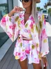 Women's Tracksuits Women Boho Summer Floral Print V Neck Chiffon Tops Shorts 2 Pieces Sets Ladies Lantern Sleeve Suits Holiday Beach