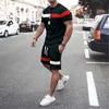 T-shirt masculina ternos camisa de tênis bloco de cor listrado gola redonda street diário manga curta roupas vestuário 2 peças moda leve básico clássico