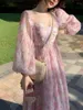 Casual Jurken Franse Vintage Lange Mouw Jurk Vrouw Fairy Elegnat Bloemen Midi Avondfeest Vierkante Kraag 2023 Zomer Strand Zonnejurk