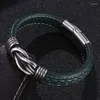 Pulseras con abalorios, joyería Punk para hombre, pulsera de cuero verde, gráfico de bobinado Irregular, cierre magnético de acero inoxidable, pulsera para hombre, regalos para hombre