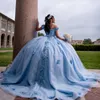 Vestido de quinceañera azul cielo con hombros descubiertos sin mangas para 15 niñas Vestido de baile con apliques de cuentas 3DFlower Formal Prom Vestido