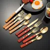 Conjunto de louça 5 peças conjunto de talheres de aço inoxidável dourado 304 com cabo de madeira estilo japonês colher garfo faca utensílios de cozinha