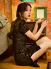 민족 의류 복고풍 중공업 진주 소녀 Qipao 젊은 아가씨 품위있는 우아한 섹시한 연회 블랙 개선 된 Cheongsam 드레스