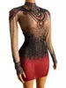 Tenue de scène noir rouge strass Transparent robe courte Bar danseur bal spectacle tenue soirée anniversaire célébrer manches longues