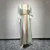 Ropa étnica Vestido de satén Musulmán 2 piezas Abaya para mujeres Frente abierto con cinturón Diamantes Lentejuelas Ramadán interior Marroquí Dubai Turquía Islam