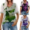 Kvinnors T -skjortor Floral Tryckt nät Fluffy Short Sleeved Bubble V Neck Shirt Dölj Sweat Dark Tee