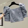 Женские блузки Sweet High Waist Short Tops Vintage Stripe Bow Zipper Puff Sleeve Square Neck Summer 2023 Woman Shirt All Match Chic Blusas
