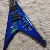 Dim DaveMustaine Megadet Rust In Peace Blue Flv V Guitare électrique Travail à la main Peinture Top GotohTuners Black Hardware Shark Fin Inlay