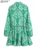 Robes décontractées basiques ZEVITY femmes mode Paisley imprimé fleuri ceinture Mini chemise robe femme Chic grand ourlet pli plissé vert Vestidos DS9353 230629