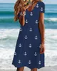 Повседневные платья 2023 Summer Beach Wind Boat Anchor Print Slim Fit с коротким рукавом и V-образным вырезом