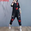 2023 New Woman Spring Contrasting Patch Pocket Embroidery Ripped Holes One Piece Pants Washed Jeans Streetwear Overalls