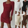 Günlük Elbiseler Kadın Elbise Kare Yaka Uzun Kollu Örgü Düz Renk Nervürlü Bodycon Kadın Giyim