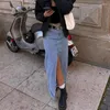 スカートスリット付きスリットファッションブルージーンズ女性用エレガントなハイウエストロングストリートウェアカジュアルシックな服