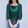 Women's Blouses Spring Vintage Pink Ice Silk Shirt Women Casual Loose Lantern Sleeve Tops Elegant Satin Three Quarter 2023