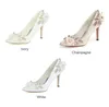 Dress Shoes Sweet Bridal Wedding Heels Pointed Toe Slip On With Lace Flower Pearl White Ivory Champagne Satin Pumps Rhinestones Leaf