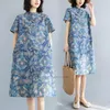 Etniska kläder 2023 Kinesisk vintage klänning Qipao National Flower Print Cotton Linen Improved Cheongsam Oriental Folk Style