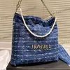 22K Mulheres Azul Tassel Tweed 22 Bolsas de Ombro de Compras Pulseira de Pérola Alça de Embreagem Totes Bolsa de Moedas Hardware de Metal Dourado Corrente Matelassê Handbgas 20CM / 28CM